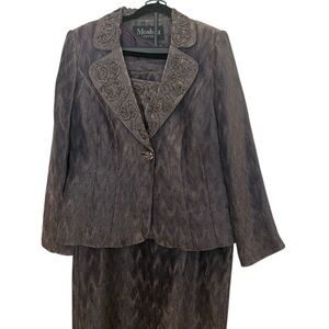 Moshita Couture 3 piece suit, ribbon trim on jacket and top, dark mauve/gold, 12